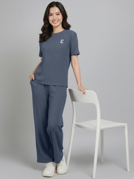 Lugo Solid Round Neck T-Shirt With Trousers