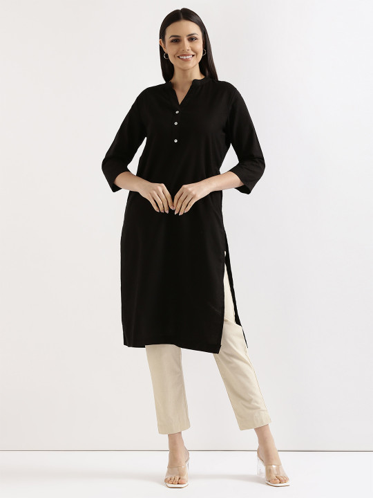 SAADAA Mandarin Collar Cotton Linen Straight Kurta