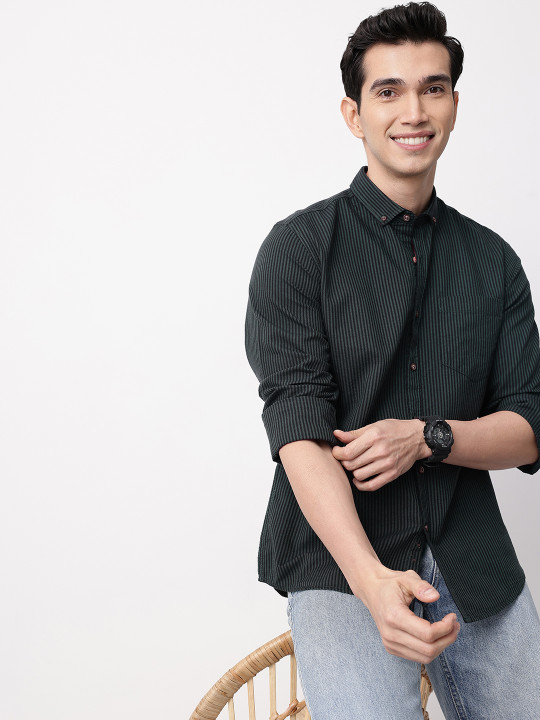 Mast & Harbour Striped Button-Down Collar Pure Cotton Casual Shirt