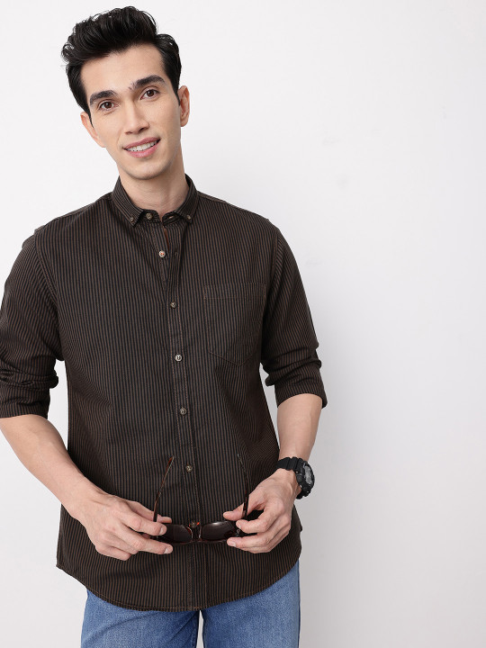 Mast & Harbour Striped Button-Down Collar Pure Cotton Casual Shirt
