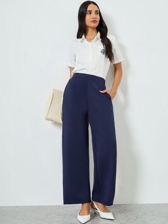 Styli Women Navy Blue Solid Wide Leg Cotton Track Pants