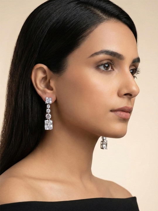 JEWELOPIA Silver-Plated Brass American Diamond Drop Earrings