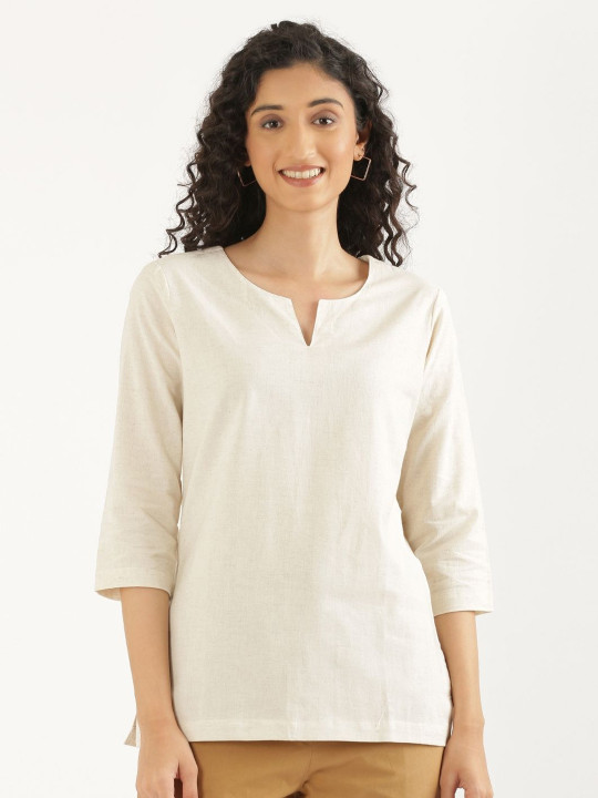 SAADAA Airy Linen Split Neck Short Kurta