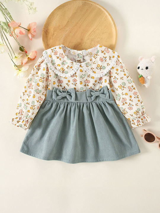 Hopscotch Girls Floral Print Bishop Sleeve Fit & Flare Dress