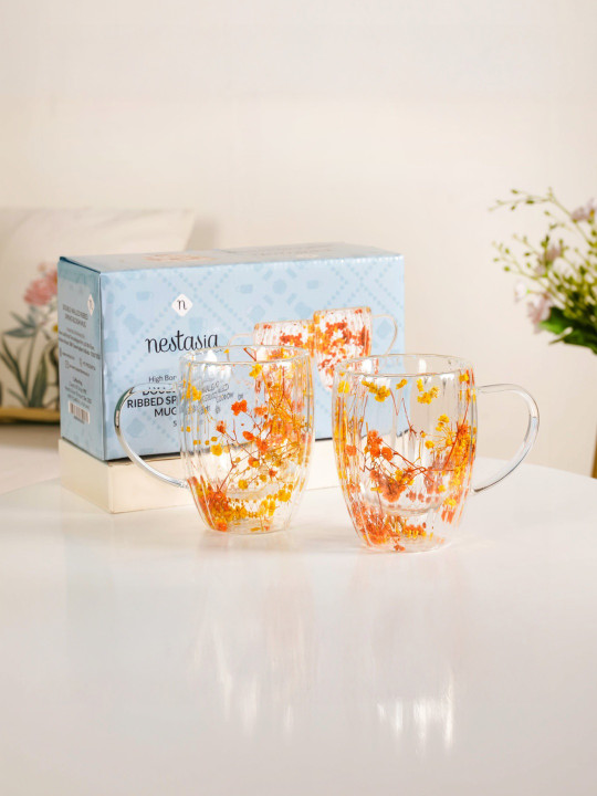 Nestasia Transparent & Orange Floral Printed Glass Transparent Cups Set of Cups and Mugs