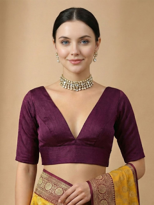 SALWAR STUDIO Silk V-Neck Saree Blouse