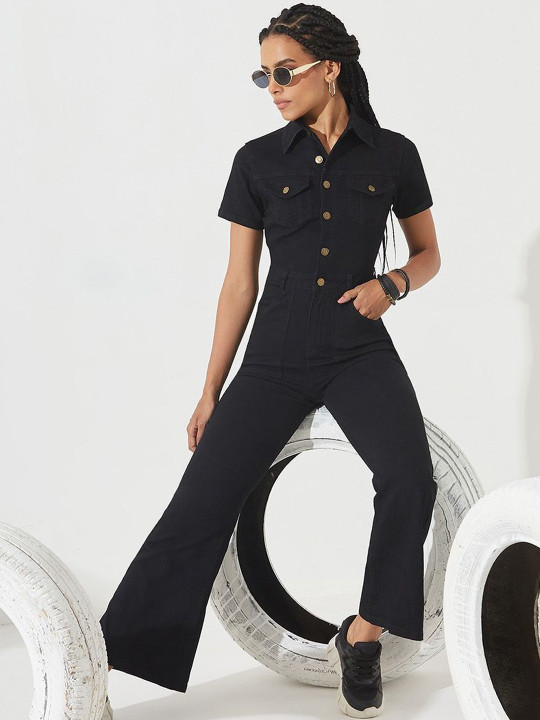 DOLCE CRUDO Women Flared High Rise Regular Stretchable Denim Jumpsuit