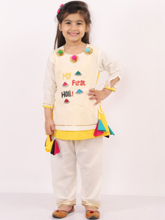 The Little Tales Girls Ethnic Motifs Printed Angrakha Thread Work Kurti with Pyjamas