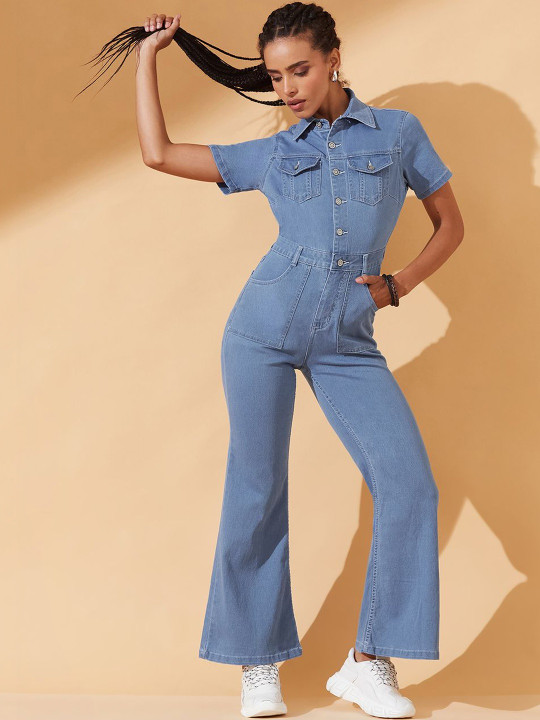 DOLCE CRUDO Women's Flared High Rise Regular Length Stretchable Denim Jumpsuit