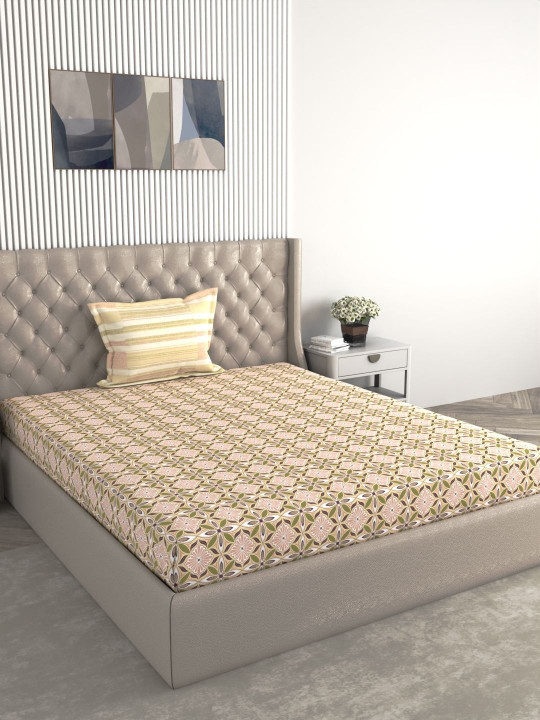 Raymond Home Beige Floral 140 TC Single Bedsheet with 1 Pillow Covers