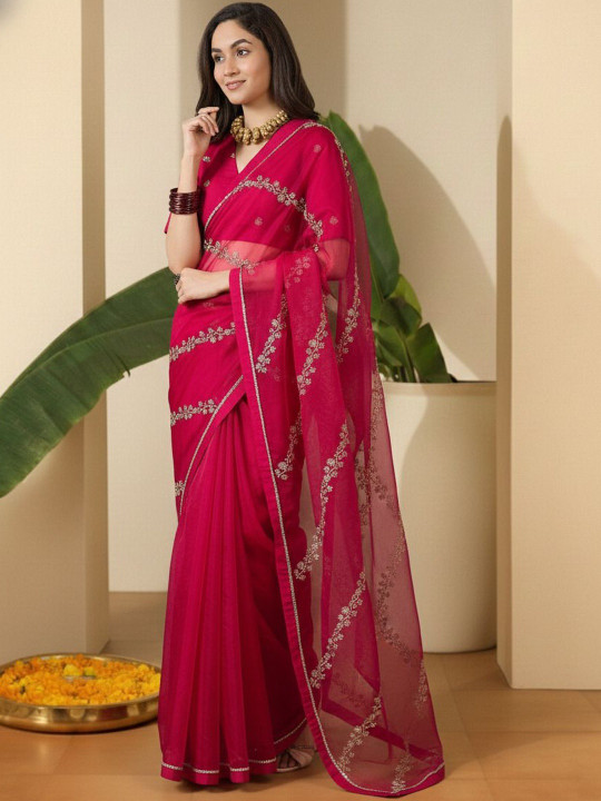 Inddus Embellished Embroidered Organza Heavy Work Saree