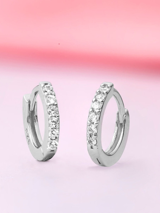 Zavya Rhodium-Plated CZ Studded Sterling Silver Contemporary Hoop Earrings