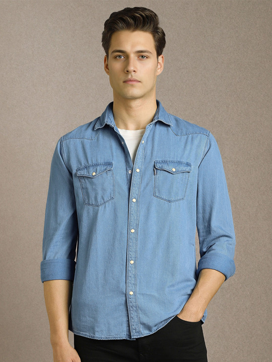 Louis Philippe Jeans Men Spread Collar Solid Cotton Slim Fit Casual Shirt
