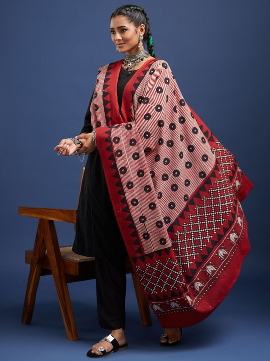 Taavi Ajrakh Hand Block Printed Pure Cotton Dupatta