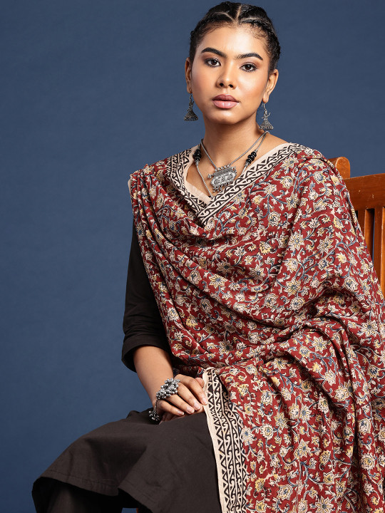 Taavi Hand Block Printed Kalamkari Cotton Dupatta