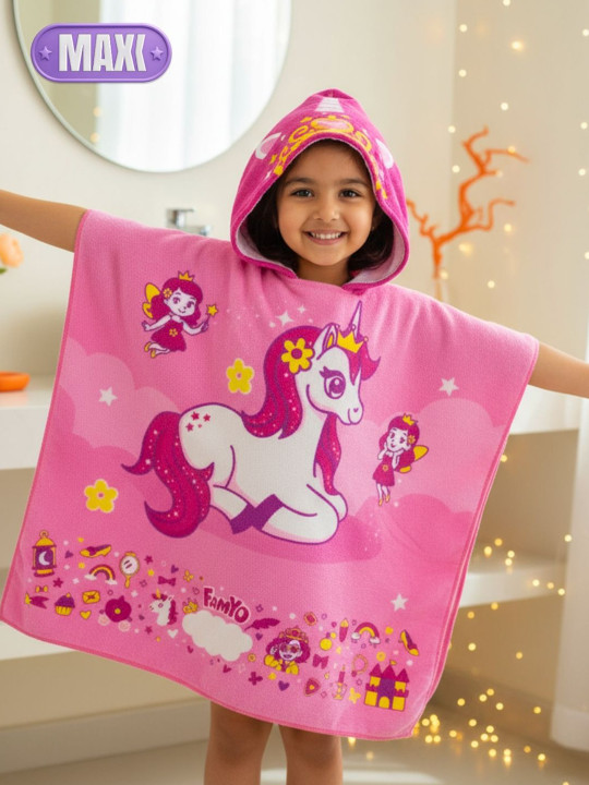 Kids HoodMaxx Pink Unicorn Poncho Bath Towel Microfiber 250 GSM Super Soft 1-7 Yrs