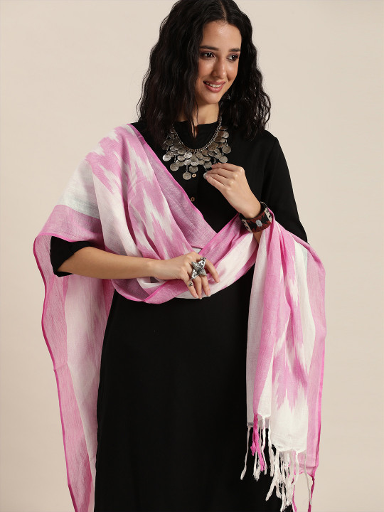 Taavi White & Lavender Woven Design Pure Cotton Ikat Dupatta