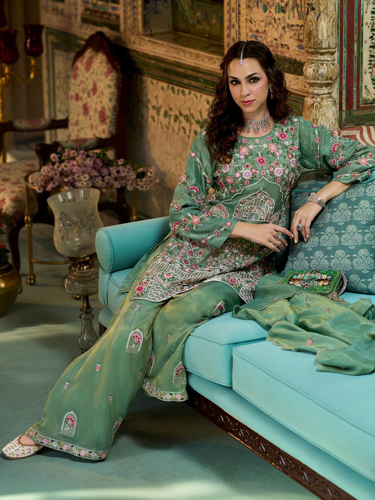 House of Pataudi Embroidered Round Neck Straight Kurti & Palazzos With Dupatta