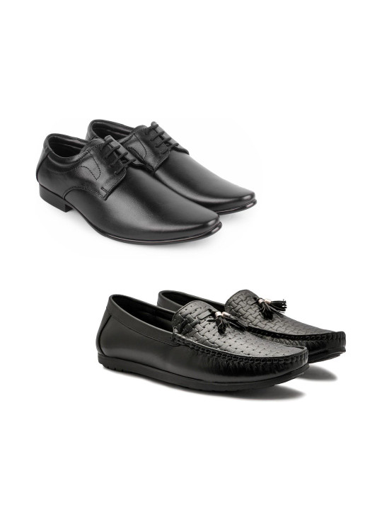 feather leather Men Set Of 2 Leather Formal Loafers & Derby Shoes