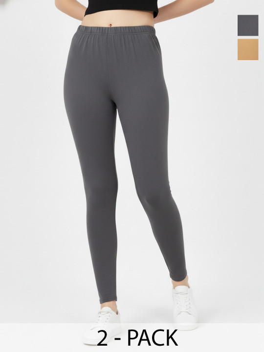 AIOQ Pack Of 2 Pure Cotton Mid-Rise Ankle Length Leggings