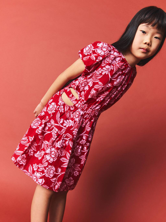 Mango Kids Floral Print Puff Sleeve Pure Cotton A-Line Dress