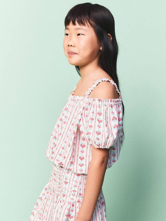 Mango Kids Girls Floral Print Cold-Shoulder Pure Cotton Blouson Top