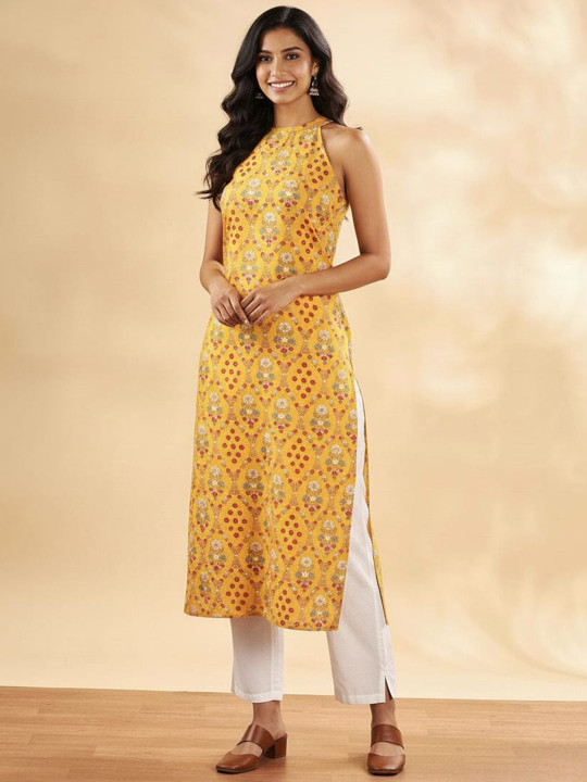 Anouk Women Floral Printed Halter Neck Thread Work Kurta