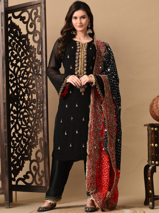 ZARIKALI Women Ethnic Motifs Embroidered Regular Gotta Patti Silk Chiffon Kurta with Trousers & With Dupatta