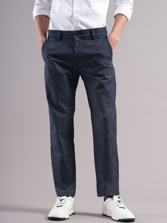 British Club Men Striped Smart Slim Fit Low-Rise Trousers
