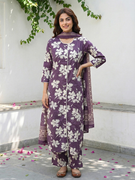 Anouk Women Floral Printed Patchwork Pure Cotton Kurta with Trousers & With Dupatta