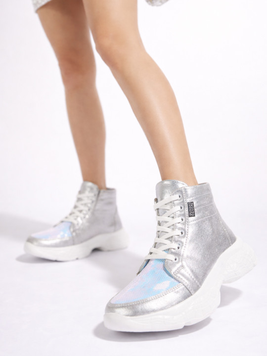 FAUSTO Women Silver Woven Design PU High-Top Sneakers