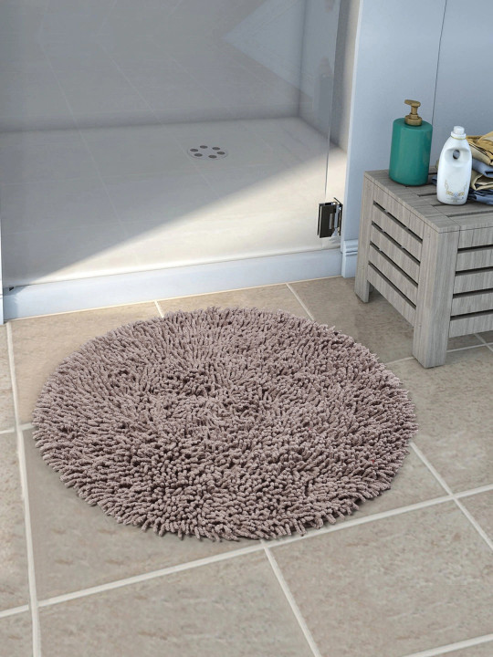 Grey Solid Cotton Anti-Skid Shaggy Round Bath Mat