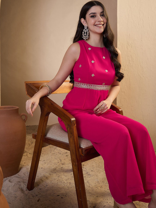 Inddus Women Floral Zari & Sequinned Embroidered Jumpsuit