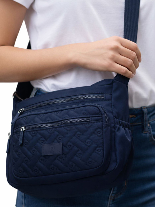 AARVI DECOR STUDIO Quilted Cotton Blue Zipper With Adjustable Strap Handbag