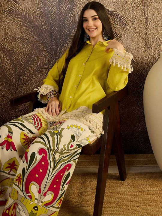 Sangria Self Design Shirt Collar Tunic & Palazzos Co-Ords