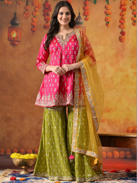ZARIKALI Hot Pink Gharara Set Zardozi & Crystal Work Silk Kurti with Georgette Gharara