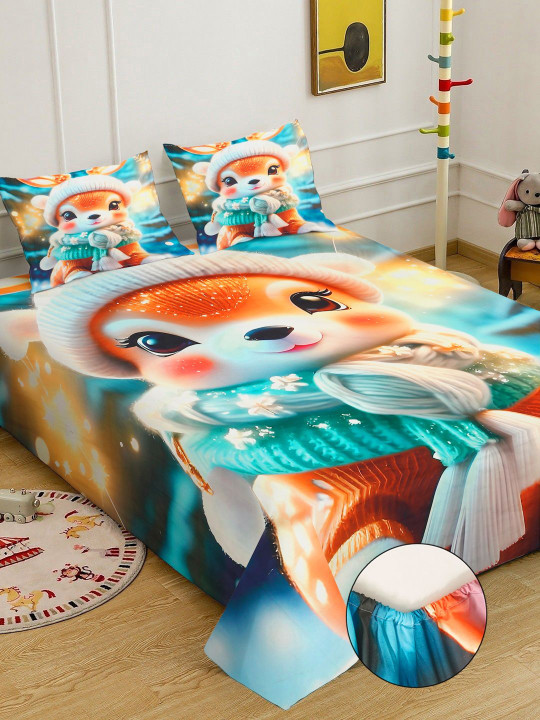 KLOTTHE Green & White Cartoon Printed Fitted 400 TC King Double 7D Bedsheet With 2 Pillow Cover