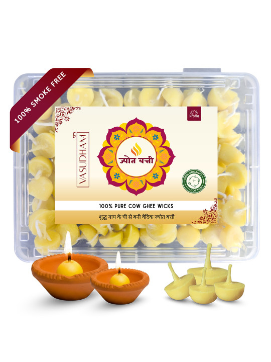 VASUDHAM 100Pcs Yellow Pure Cotton & Cow Ghee Wicks
