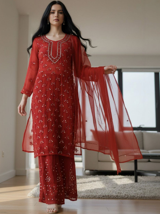 KHAKA Women Ethnic Motifs Embroidered Regular Sequinned Kurta with Palazzos & With Dupatta