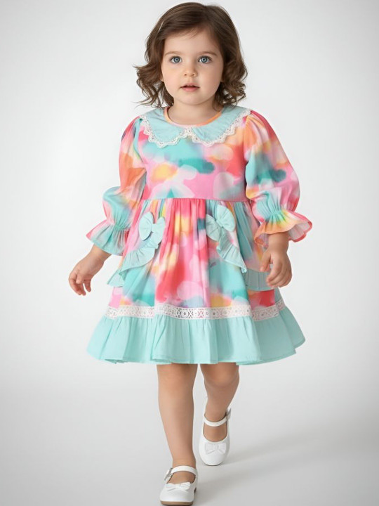 Sangria Girls Printed Cotton Round Neck Fit & Flared Dresses