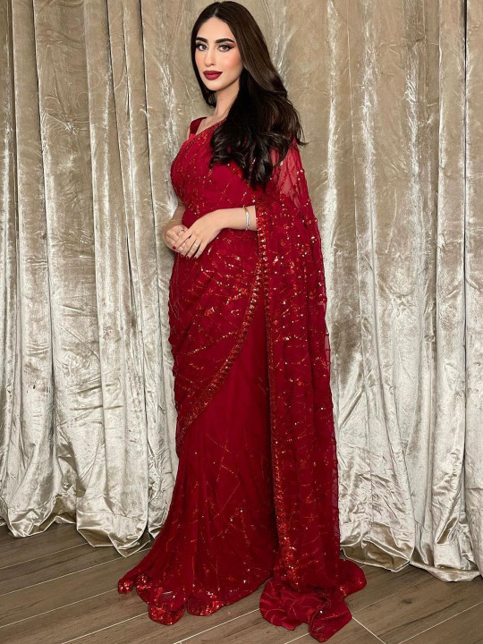 Silkena Embellished Sequinned Pure Georgette Heavy Work Saree