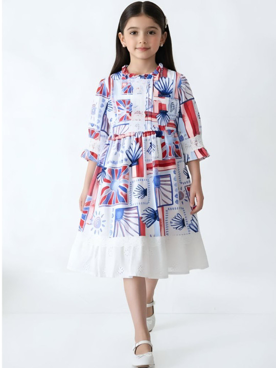 Sangria Girls Printed Cotton Round Neck Fit & Flared Dresses