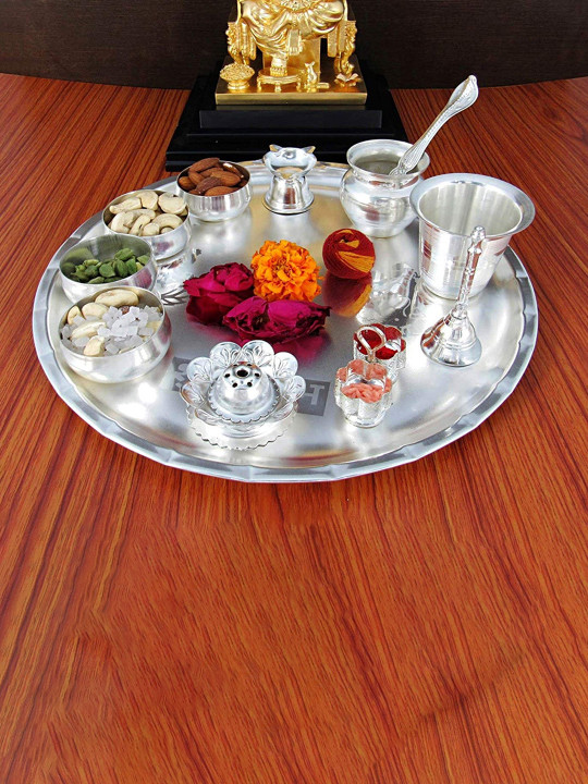 GoldGiftIdeas Silver-Plated Metal 12-Pcs Pooja Thali Set
