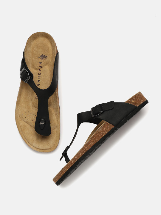 HF JOURNEY Men Black Cork Footbed Toe-Post Sandals with Adjustable Buckle