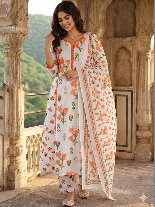 Anouk Women Floral Printed Regular Pure Cotton Kurta with Trousers & With Dupatta