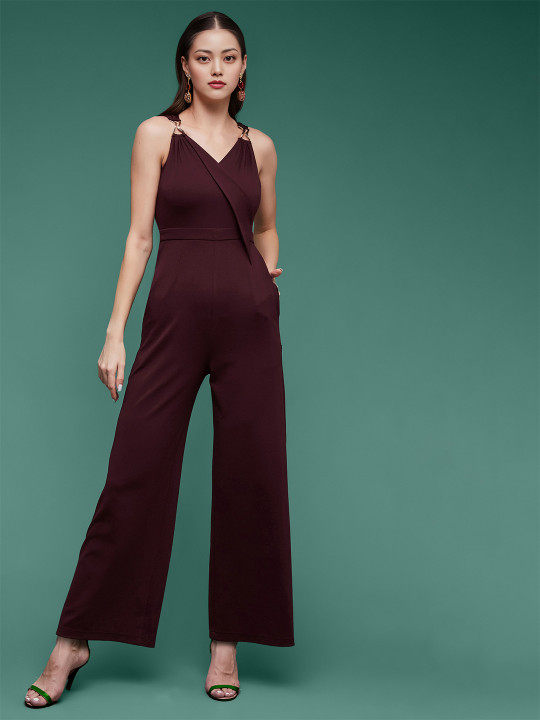 Miss Chase Women V-Neck Sleeveless Solid Wrap Regular Jumpsuit