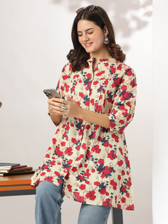 Janasya Floral Printed Mandarin Collar Pure Cotton A-line Tunic