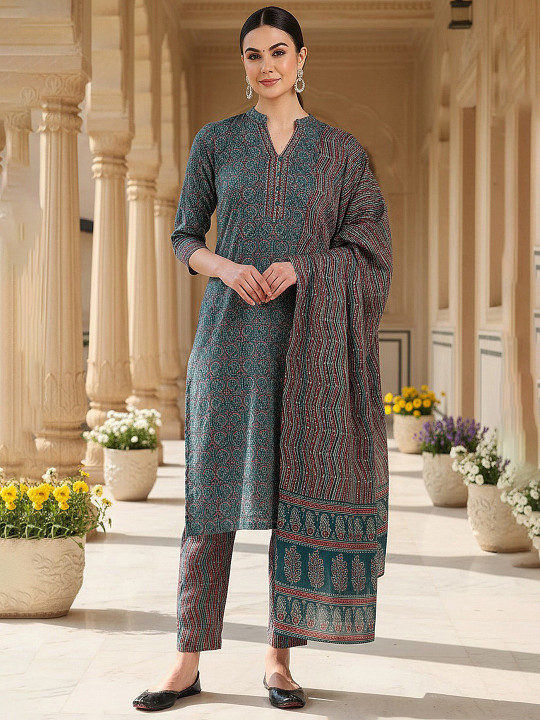 AHIKA Women Ethnic Motifs Printed Regular Kurta with Trousers & With Dupatta
