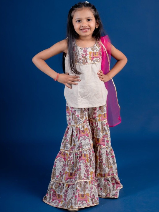 Mini Maana Girls Ethnic Motifs Printed Regular Gotta Patti Pure Cotton Kurti with Sharara & With Dupatta