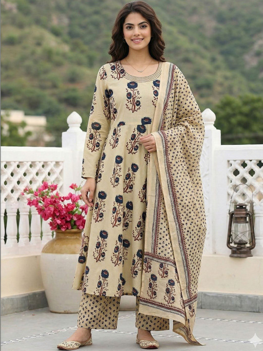 Anouk Women Floral Printed Panelled Pure Cotton Kurta with Palazzos & With Dupatta